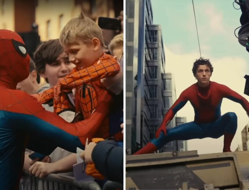 Tom Holland Performs Stunt and Lifts Young Fan on Spider-Man Set